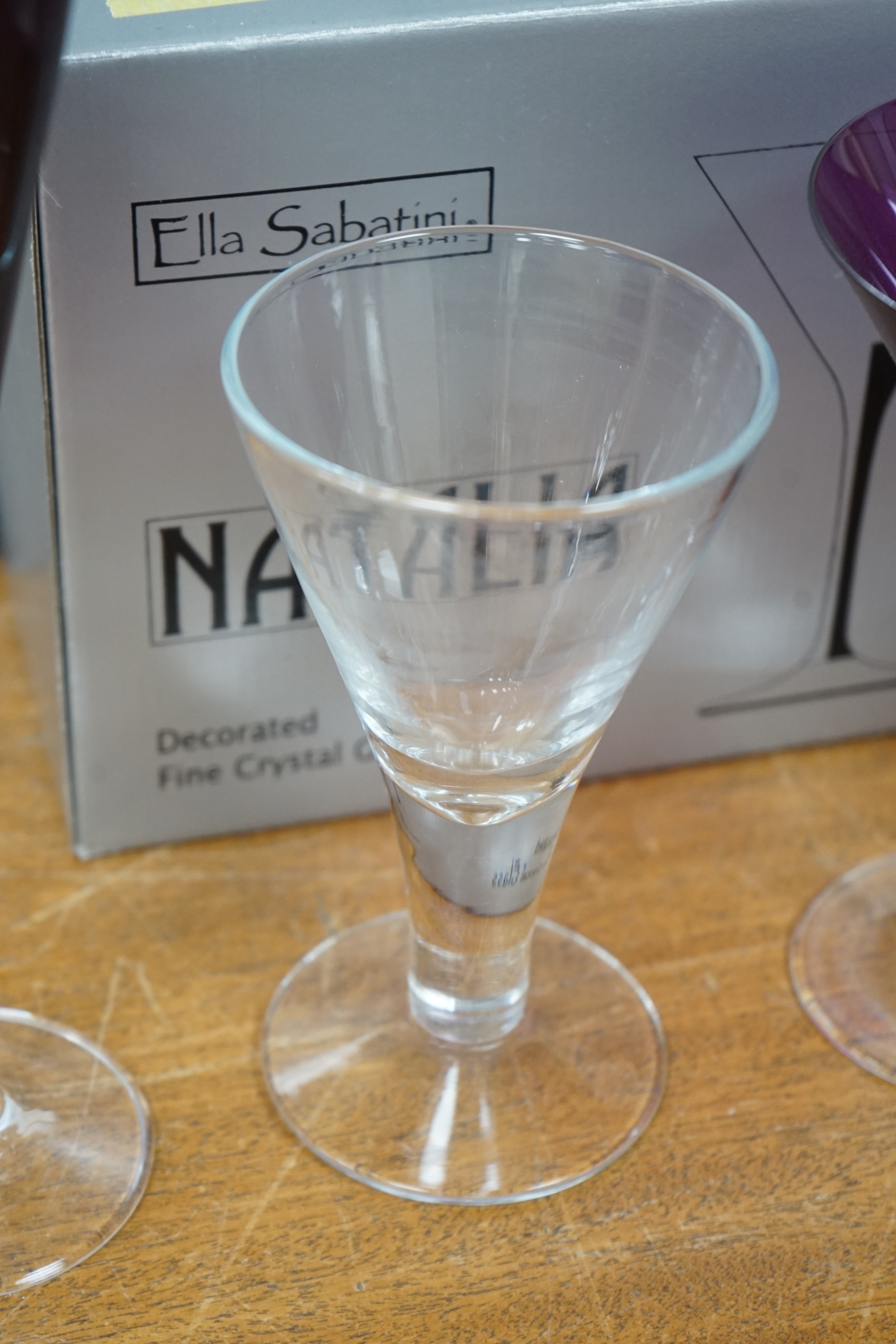 A suite of Ella Sabatini, Natalia fine crystal glasses to include cocktail, flute wine classes, boxed. Condition - good